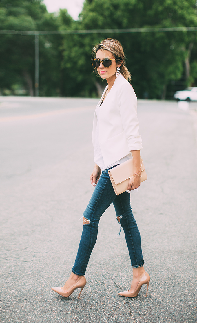 white blazer and jeans