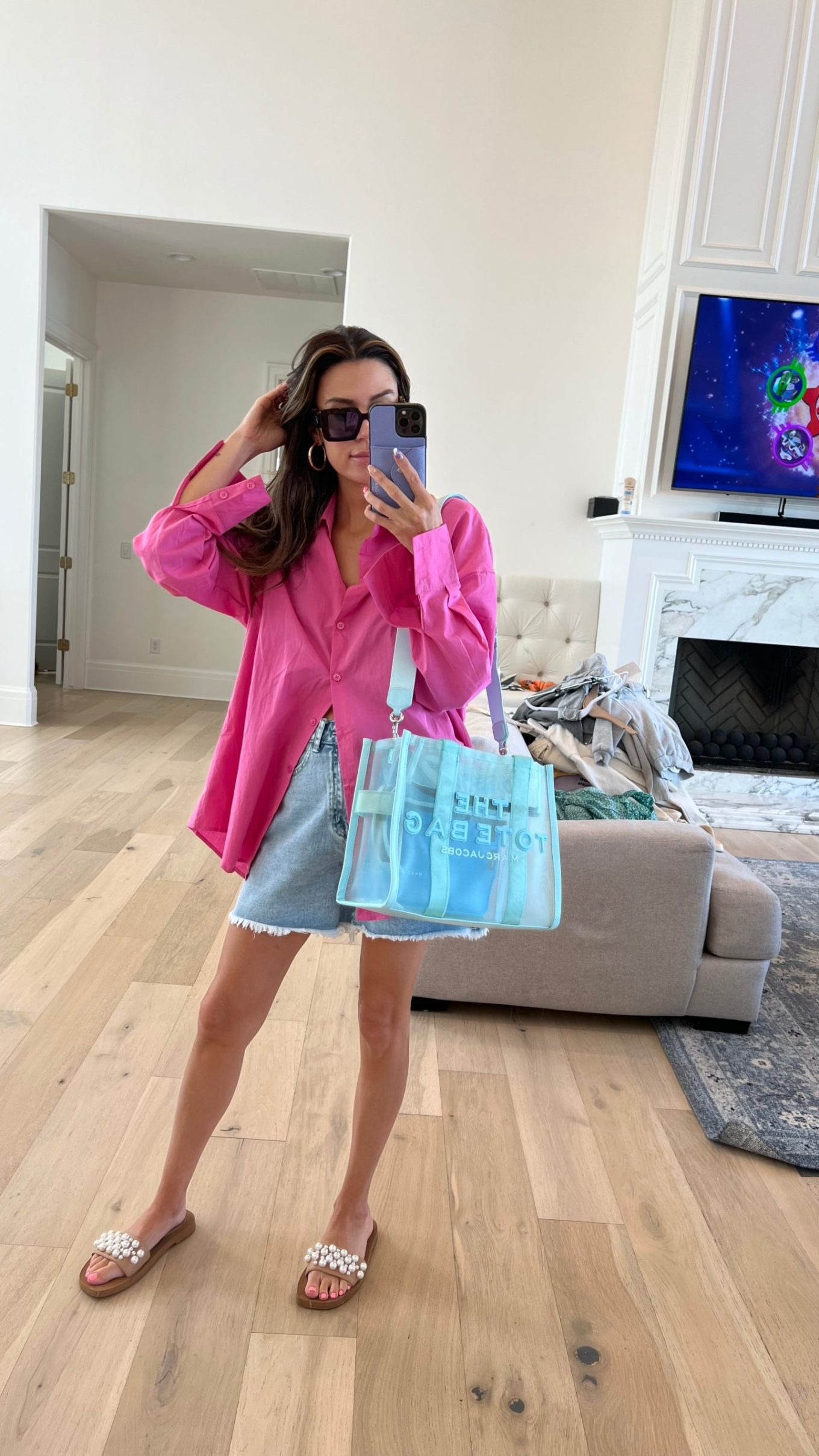 beach vacation, beach outfit, vacation outfits, amazon fashion, oversized button down, denim shorts, Stuart Weitzman sandals