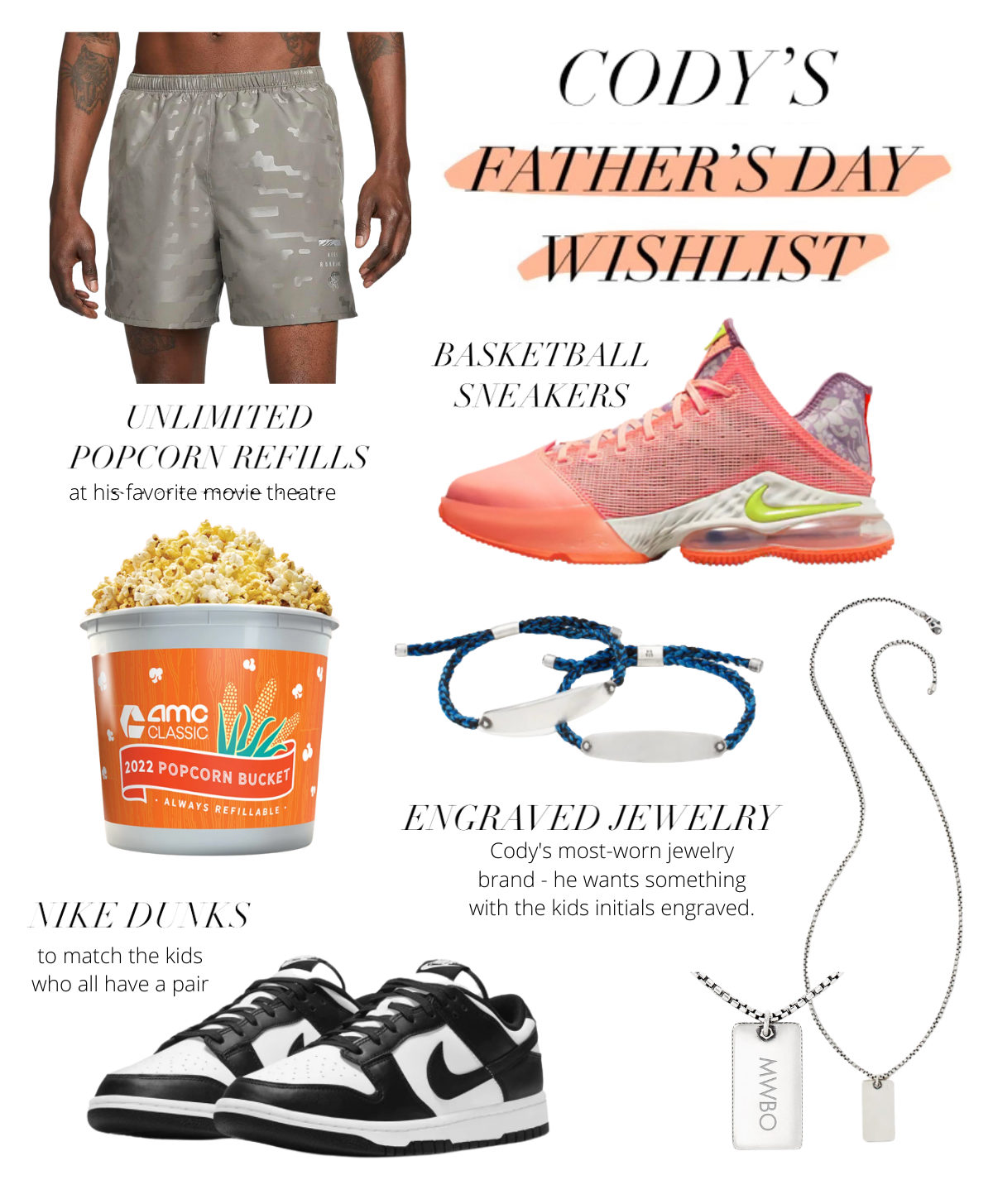 Cody's wishlist, Father's Day wish list, gift ideas, fathers day gift guide, nike shorts, basketball sneakers, Nike Dunks, engraved jewlelry, Kendra Scott 