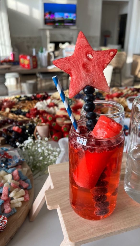 Fourth of July, 5 party hacks, party, festive fruit, verisimilitude coordinated fruit, charcuterie spread, party spread, festive drinks, 4th of July party drinks 