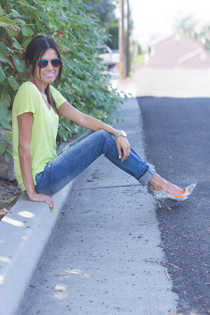 white dress neon heels
