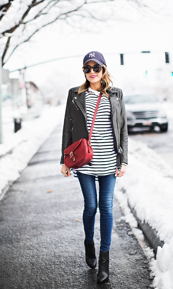 Stripes and Leather Jacket Hello Fashion Blog