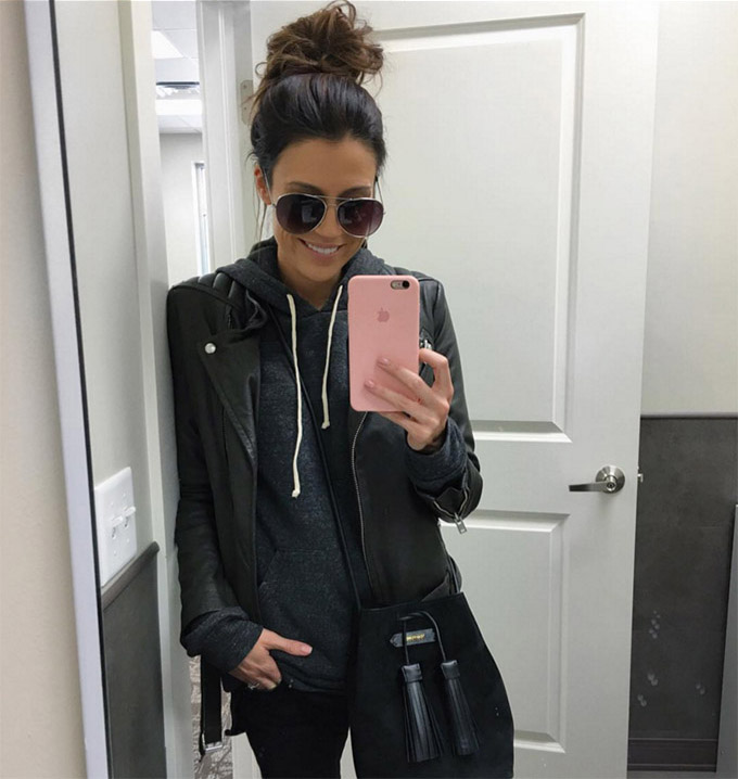 leather moto jacket and sweatshirt