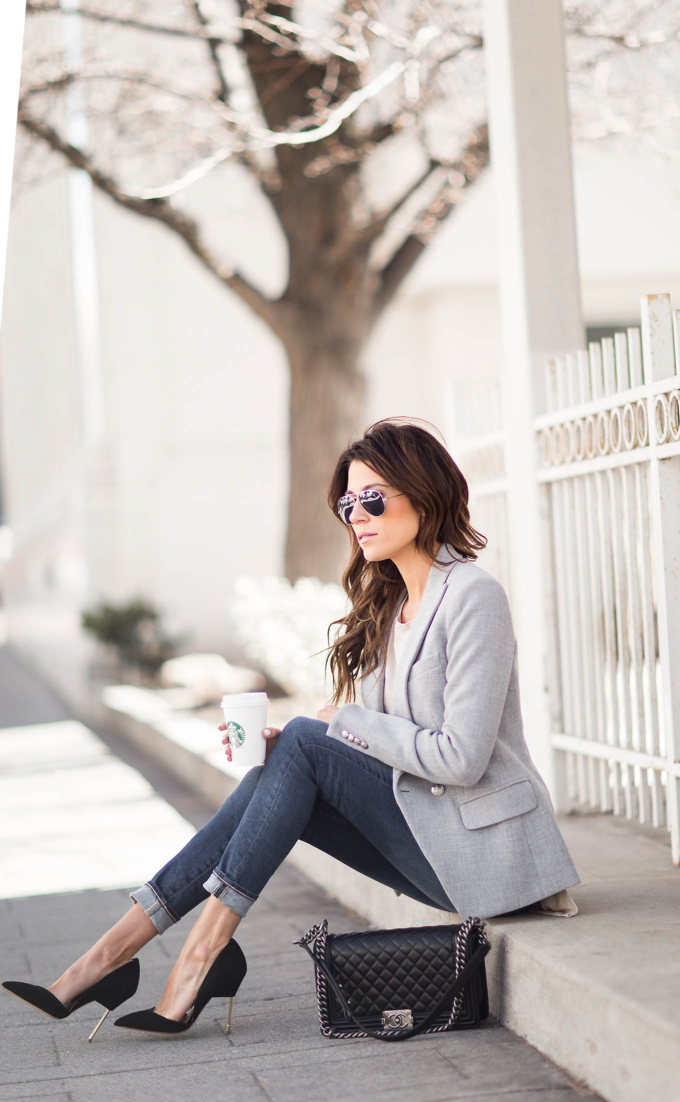 gray blazer with scarf and jeans for women