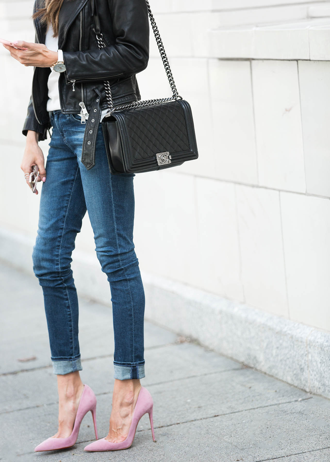 leather and pink pumps