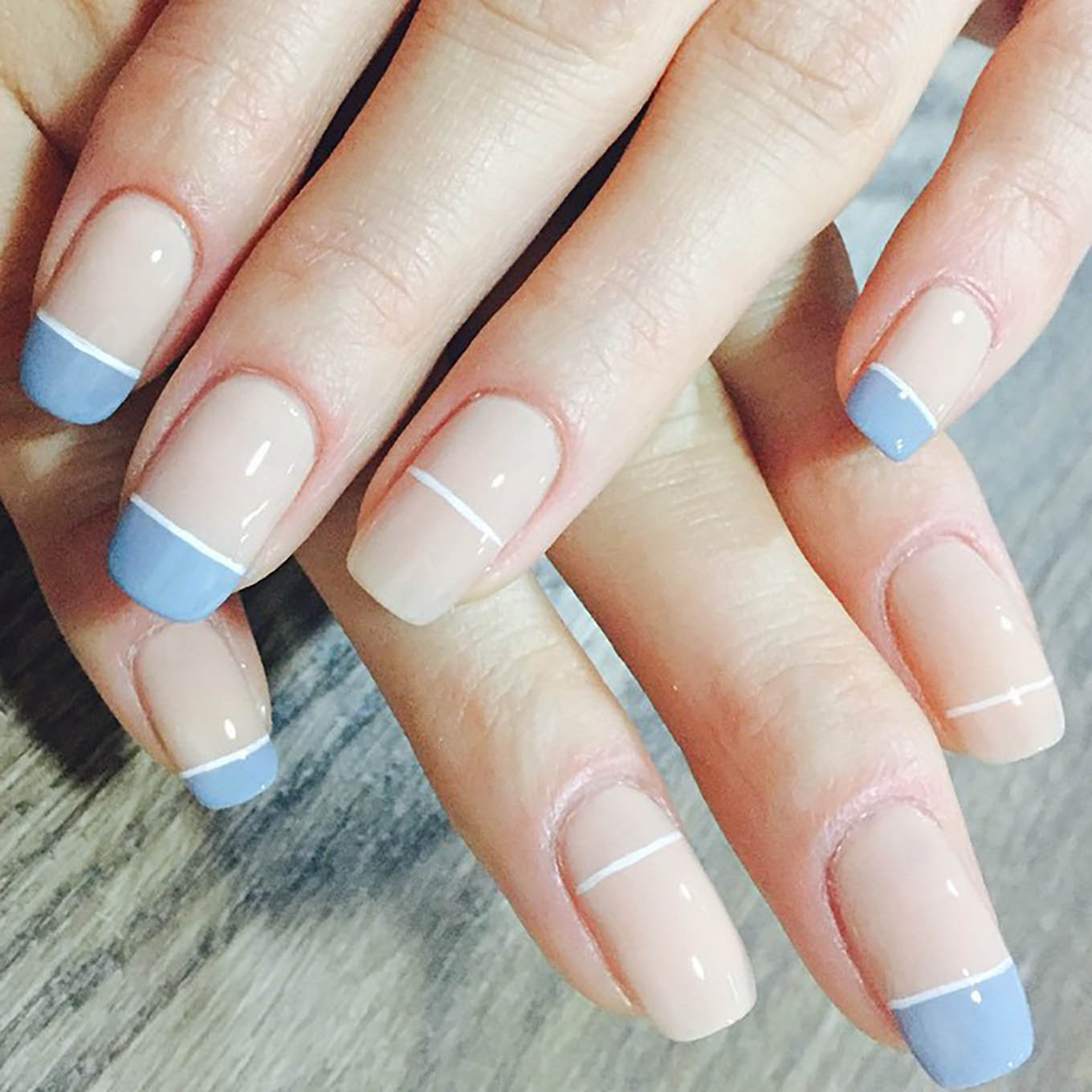 blue and nude geometric manicure