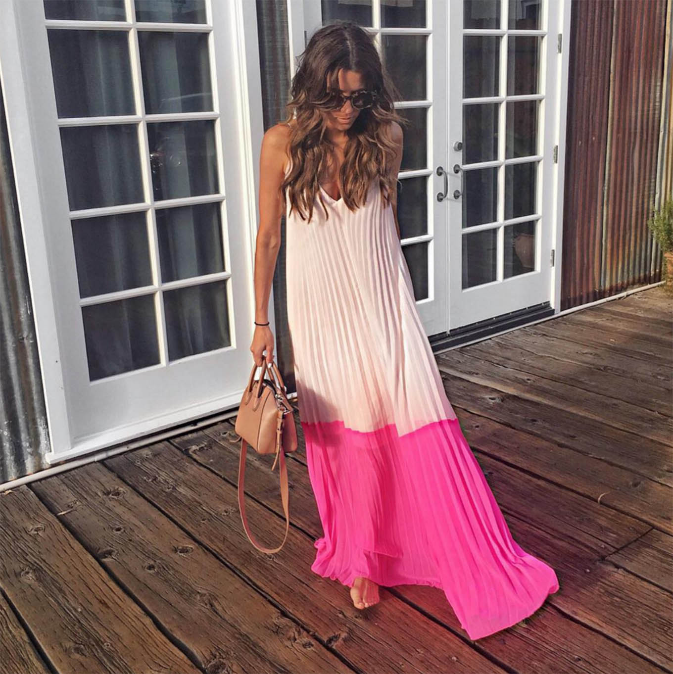 pink pleated maxi dress