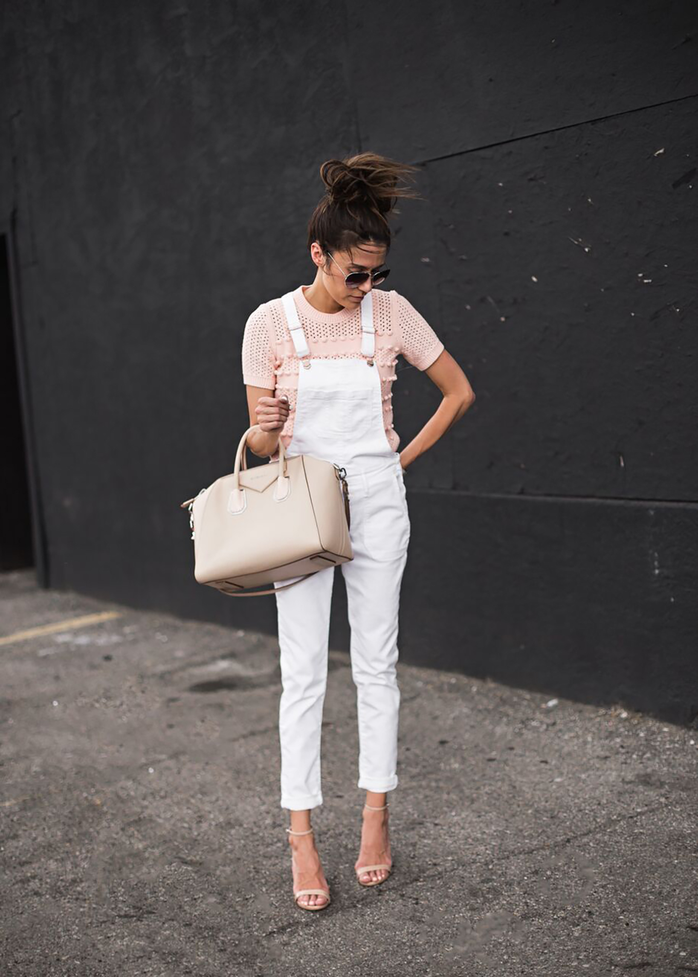 Pink short sleeved sweater, White overalls 