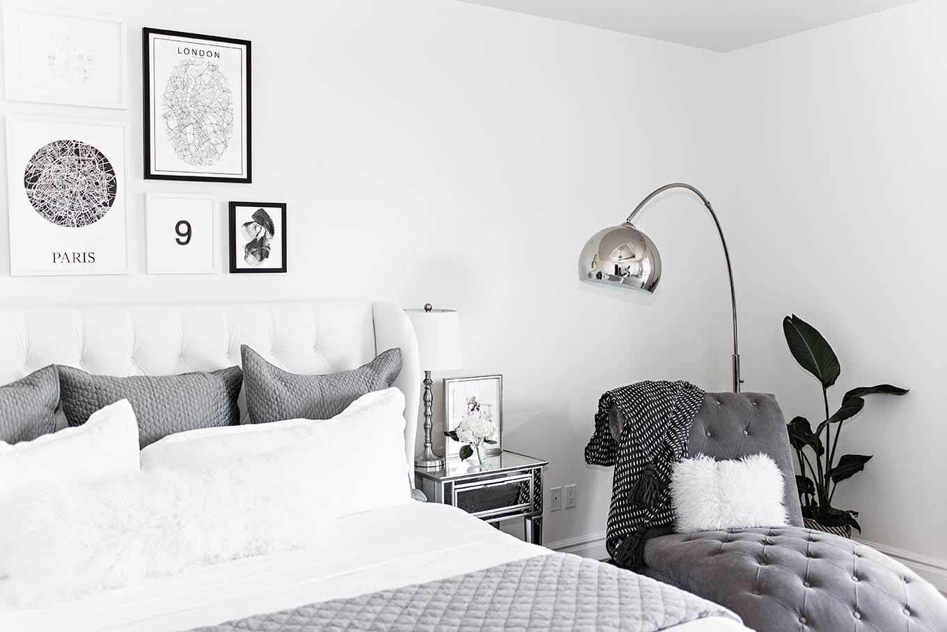 grey and white bedroom