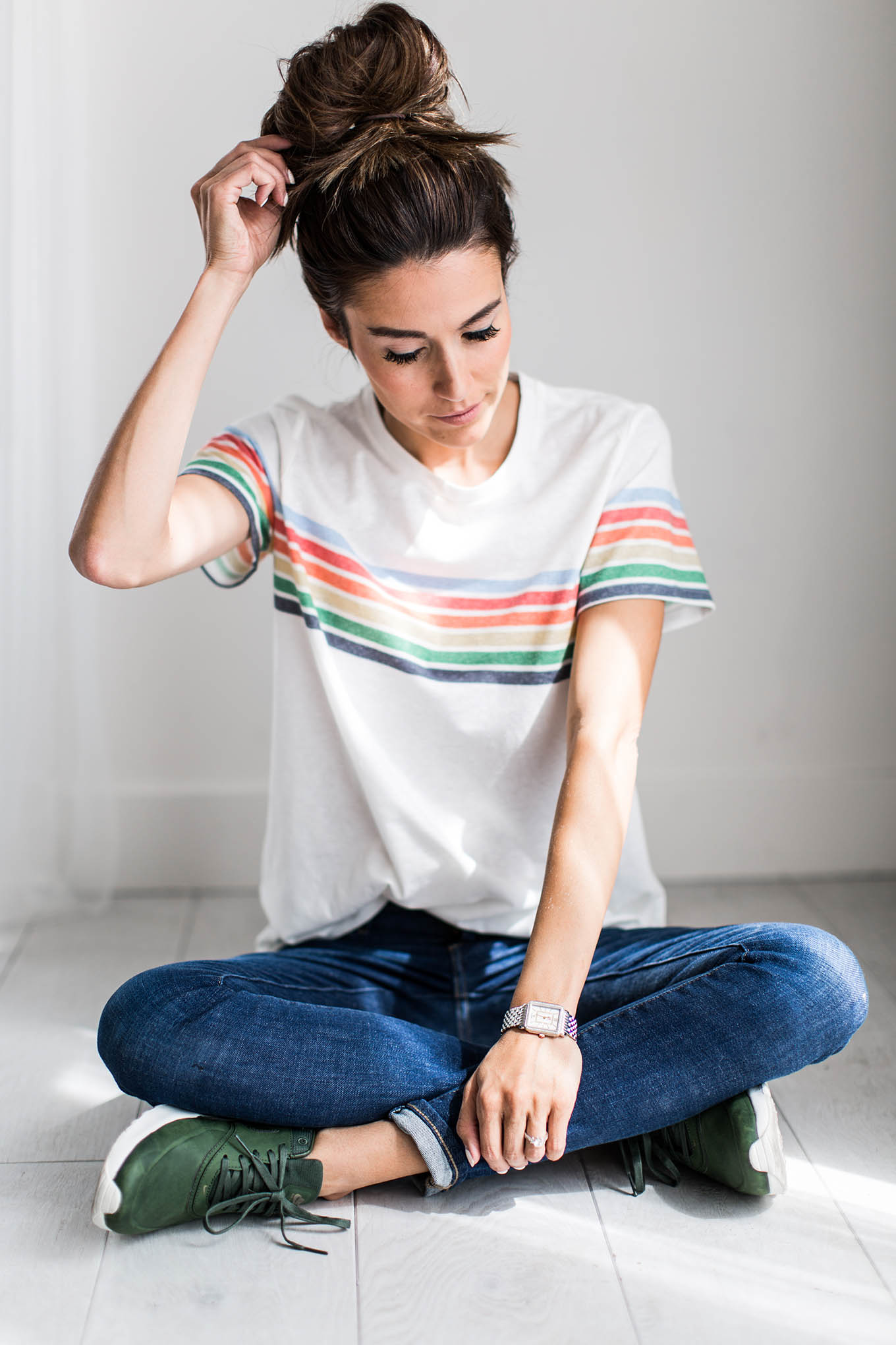 Outside Portrait Of Stylish Cute Woman With Braid Hairstyle Denim  Overalls And Trendy Tshirt Posing Near Tree With Relaxed Expression And  Lake Water On Background Stock Photo Picture And Royalty Free Image