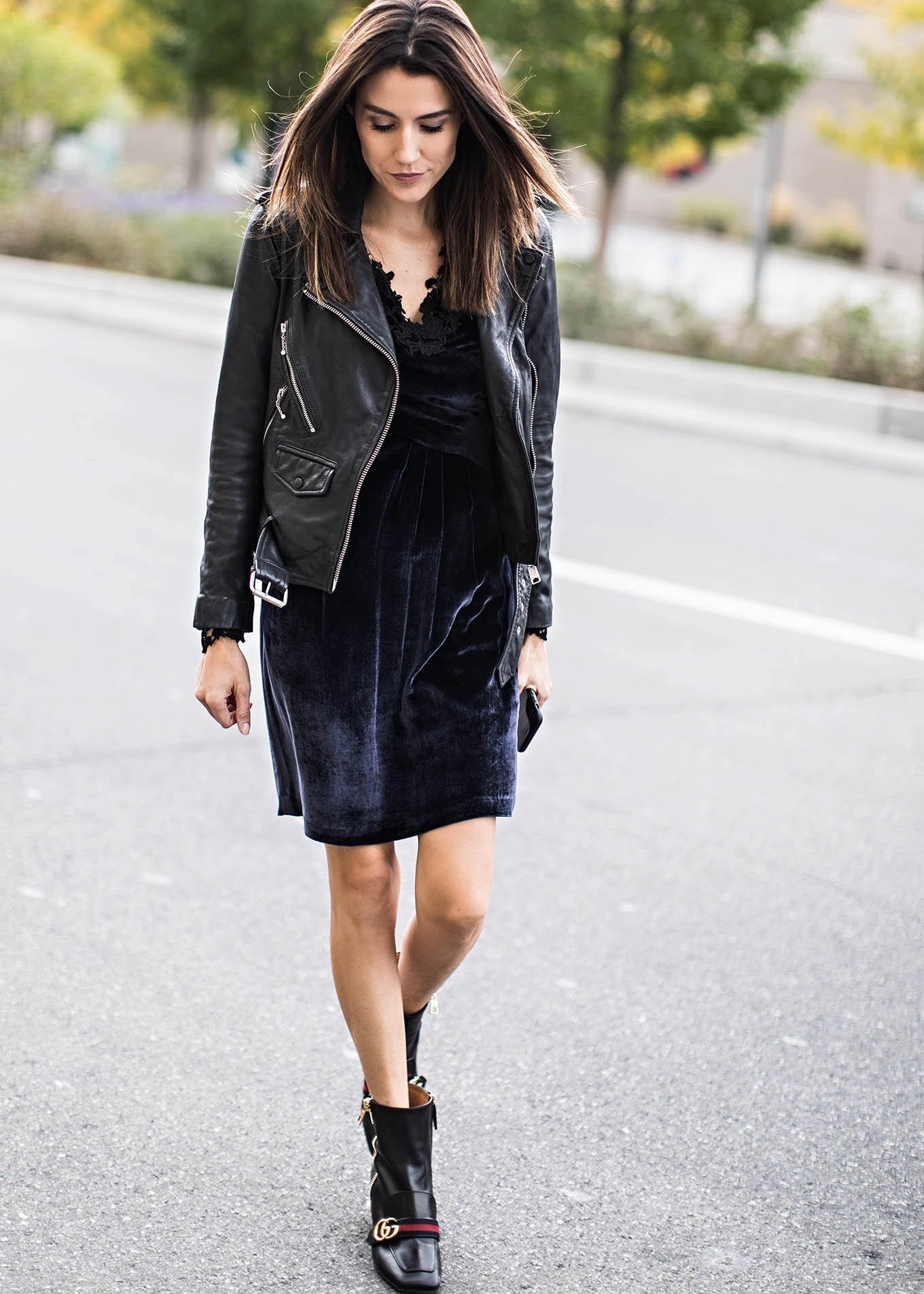 leather jacket and lace dress