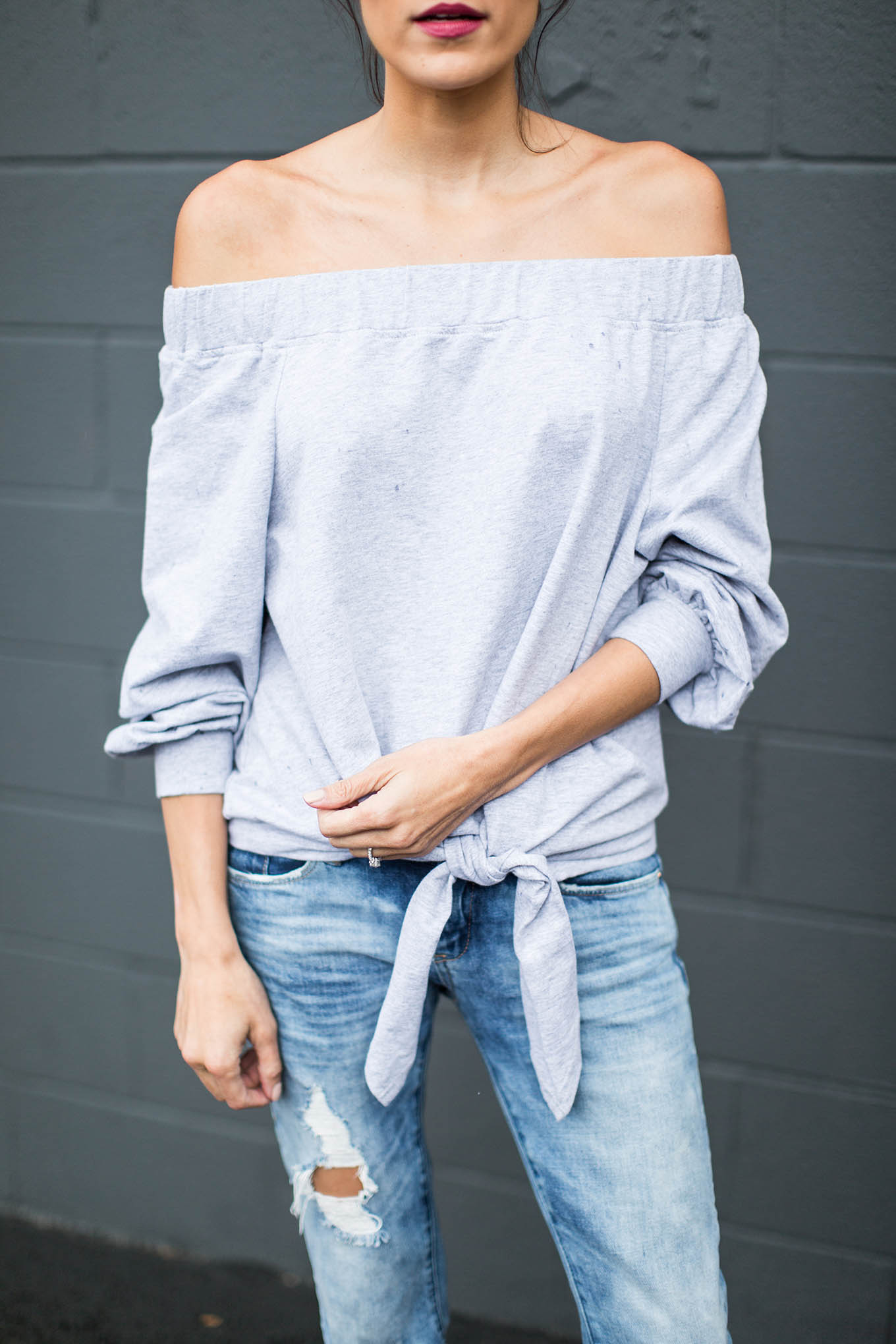 ily couture grey off-the-shoulder