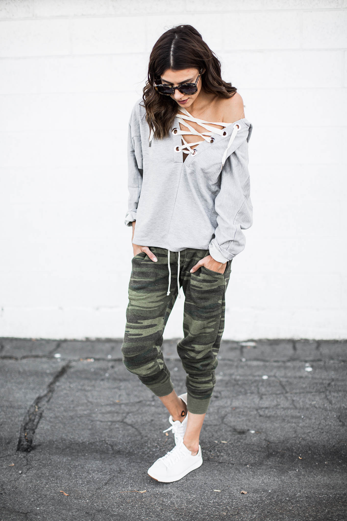 lace-up off-the-shoulder sweatshirt