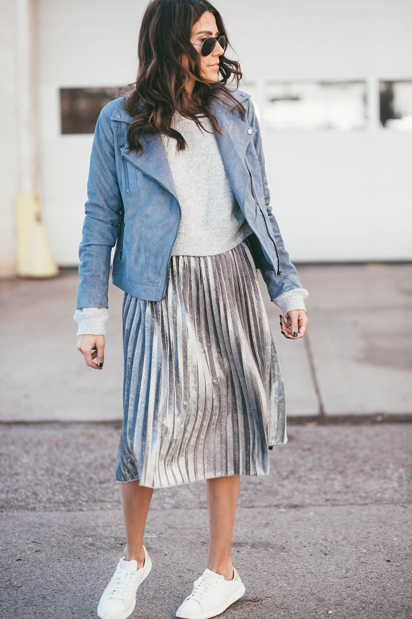 denim and silver outfit