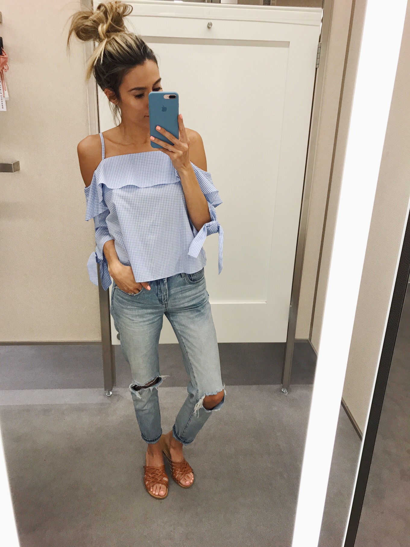 blue ruffle top