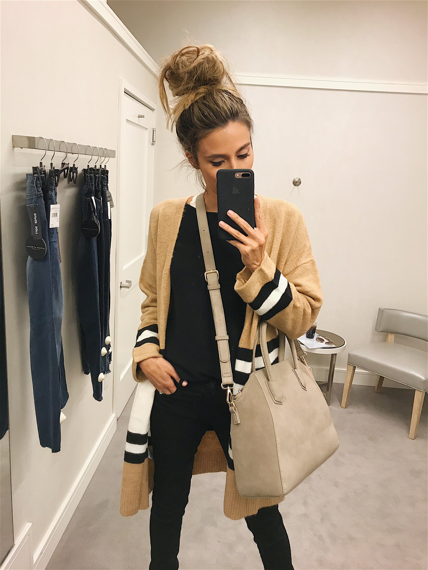 striped camel cardigan