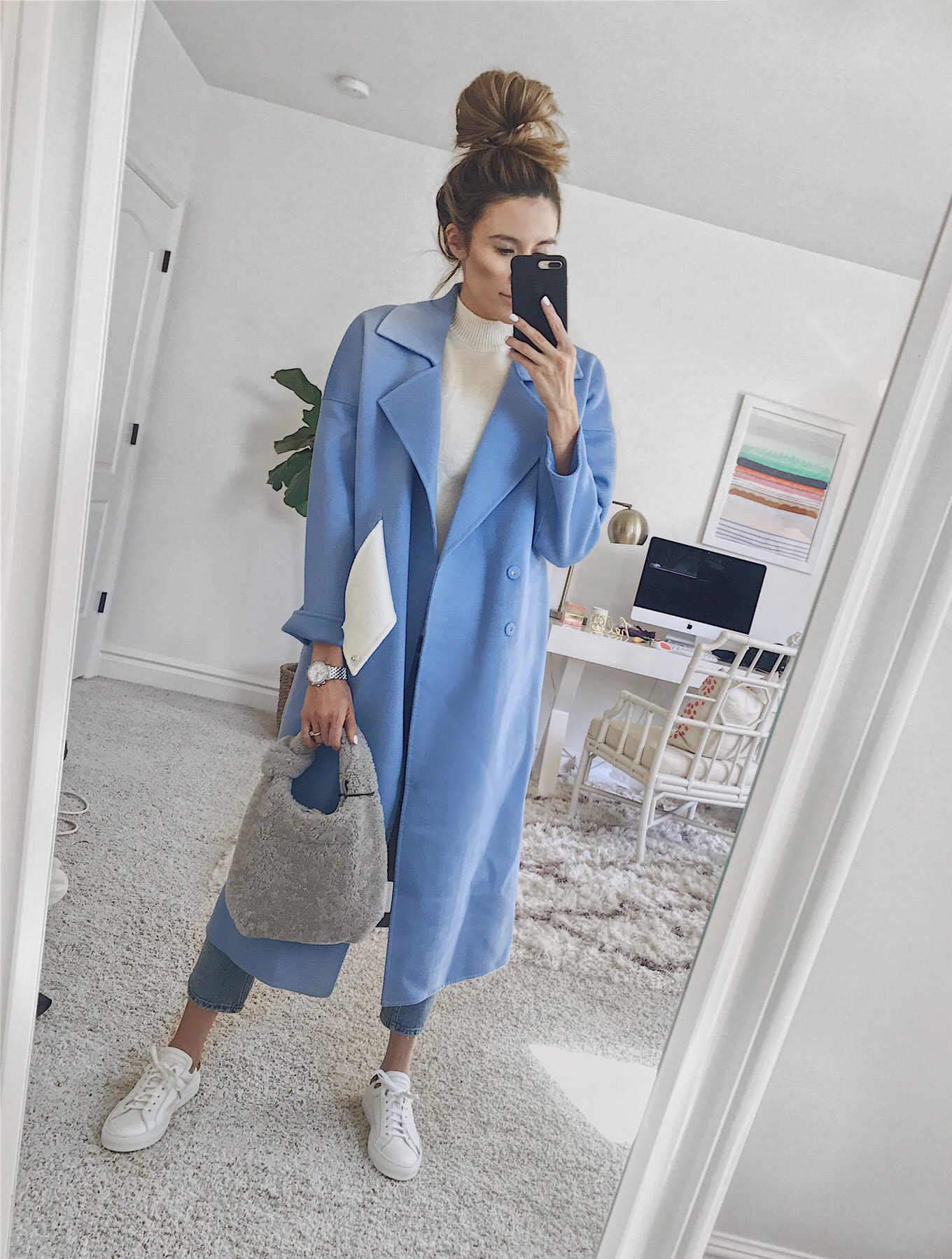 blue paneled coat