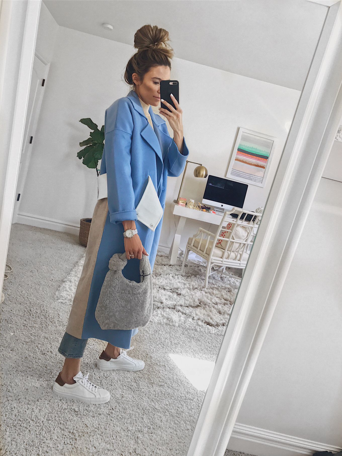 blue paneled coat