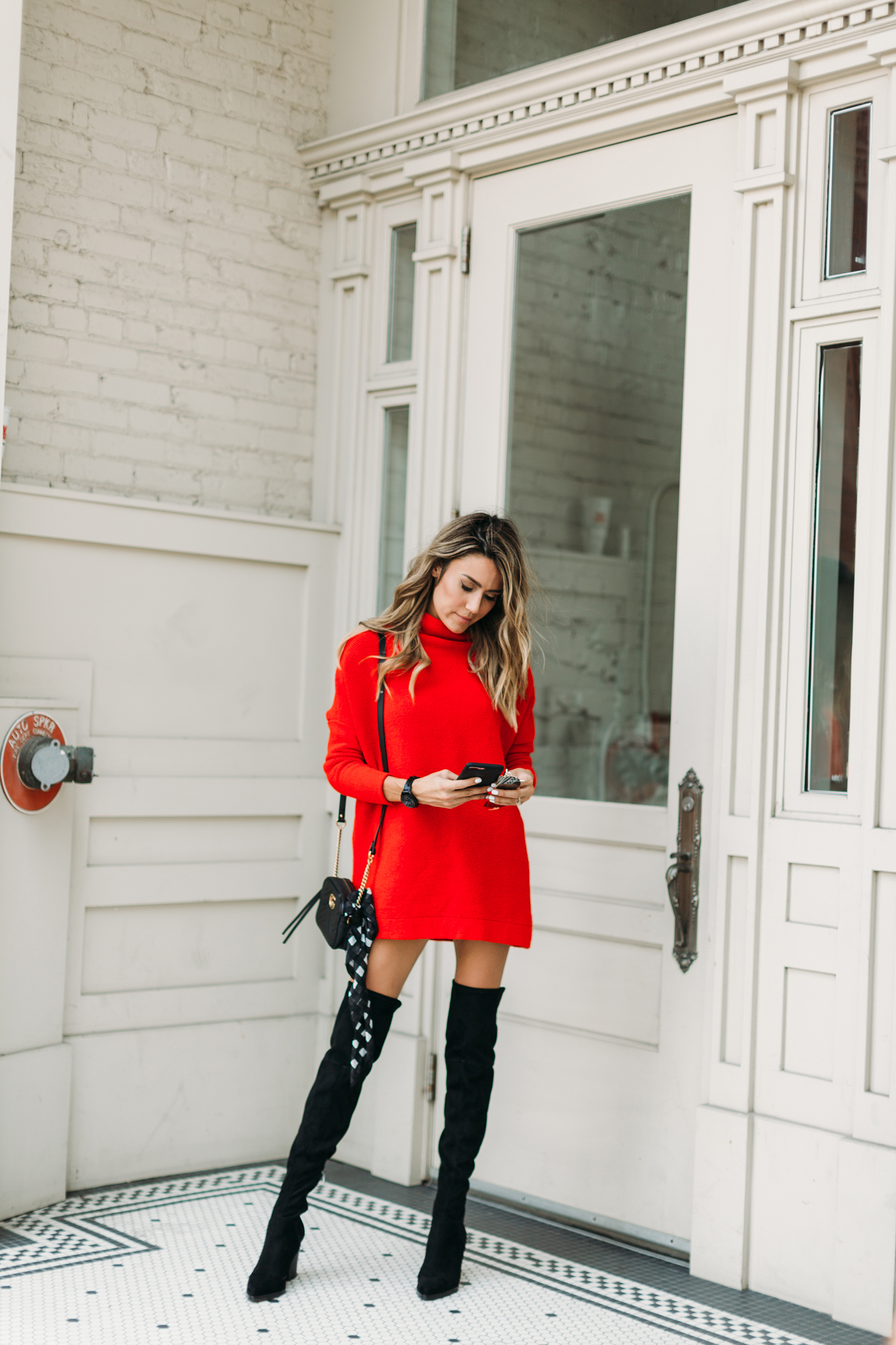 dress with red boots