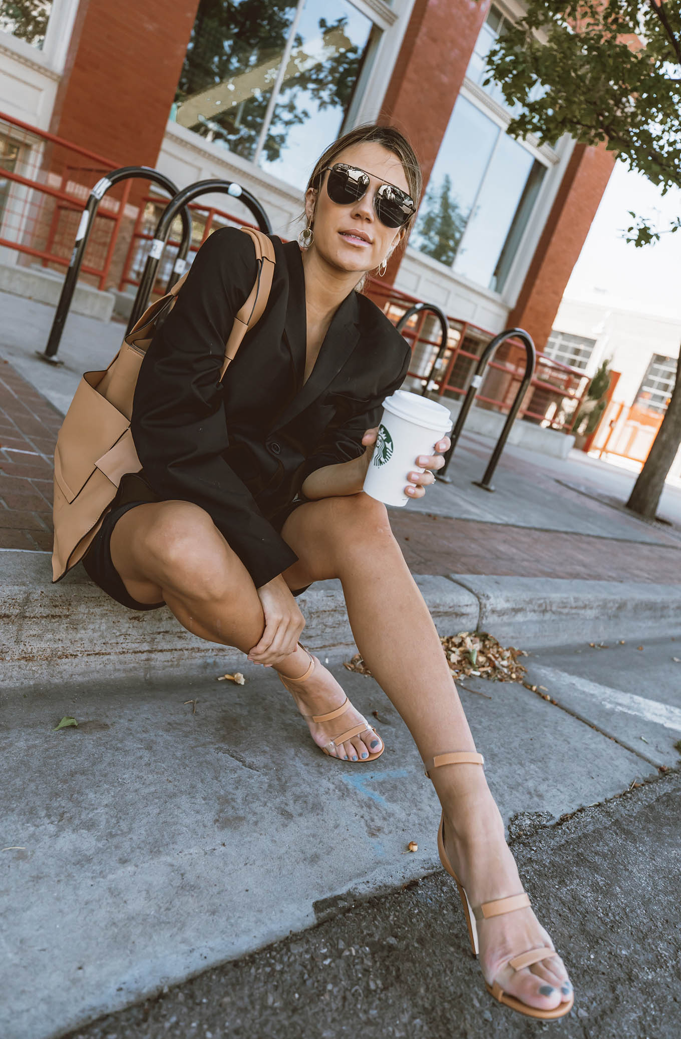 Black outfit with nude heels deals