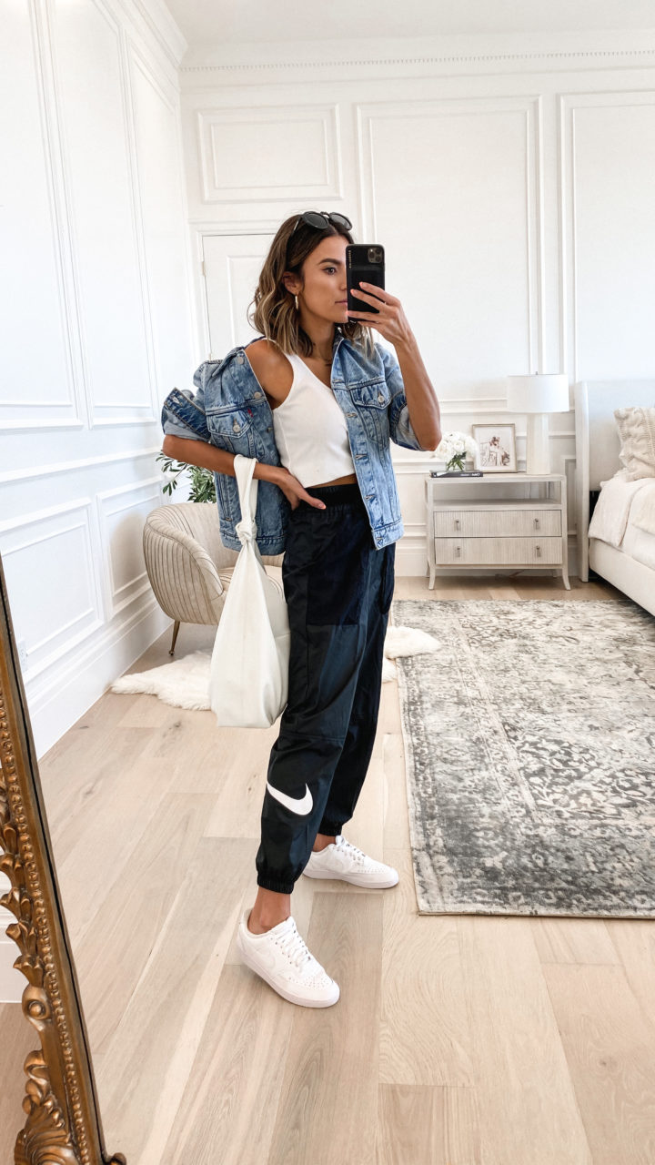 nike joggers with a denim jacket