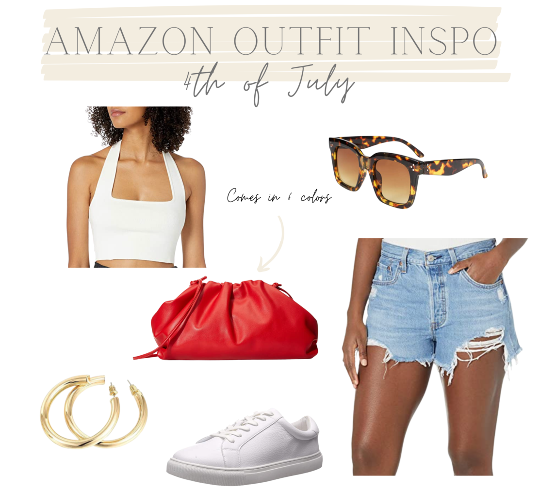 red clutch, amazon, 4th of July, denim shorts, sunnies, white tennis shoes, white crop top, gold earrings, amazon outfit inpso, amazon outfits