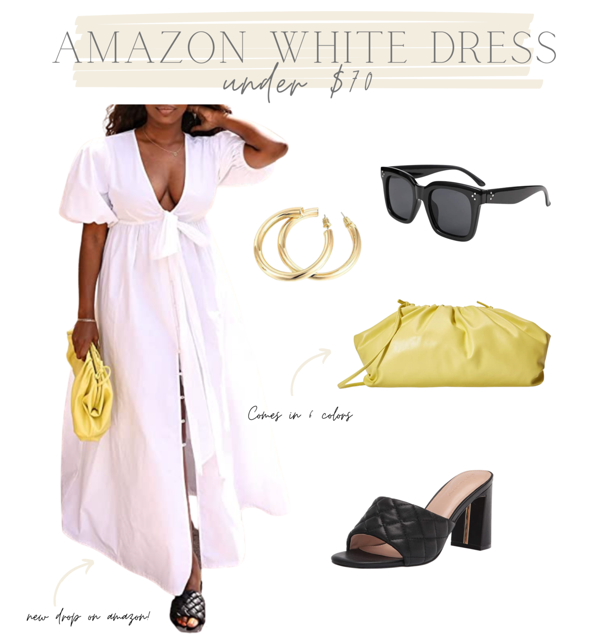 yellow clutch, amazon clutch, best-selling clutch, white dress, summer white dress, black sunnies, black heels, amazon white dress