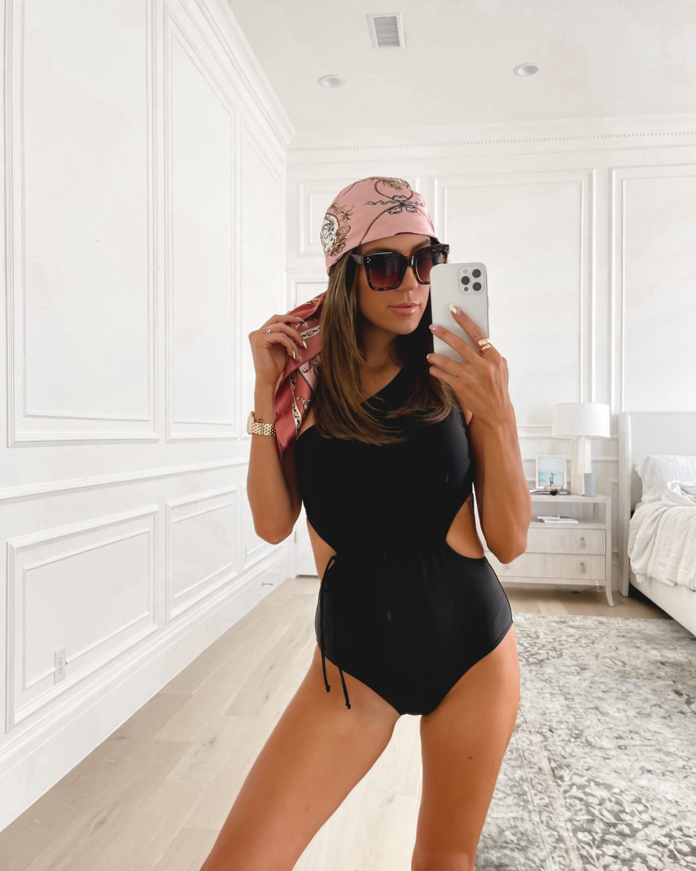 one-piece swim, amazon, scarf, sunnies