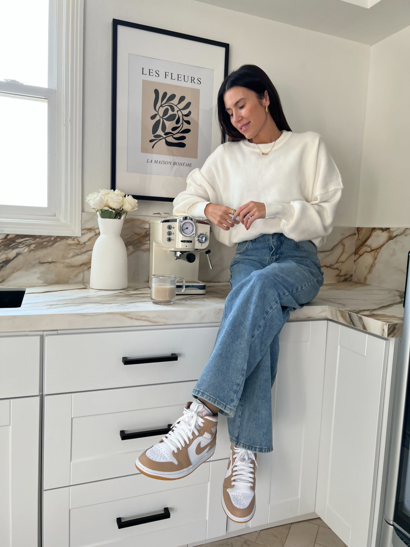 amazon home, espresso machine, print les fleurs, glass coffee mugs, white sweater, denim jeans, brown leather shoes, gold jewelry