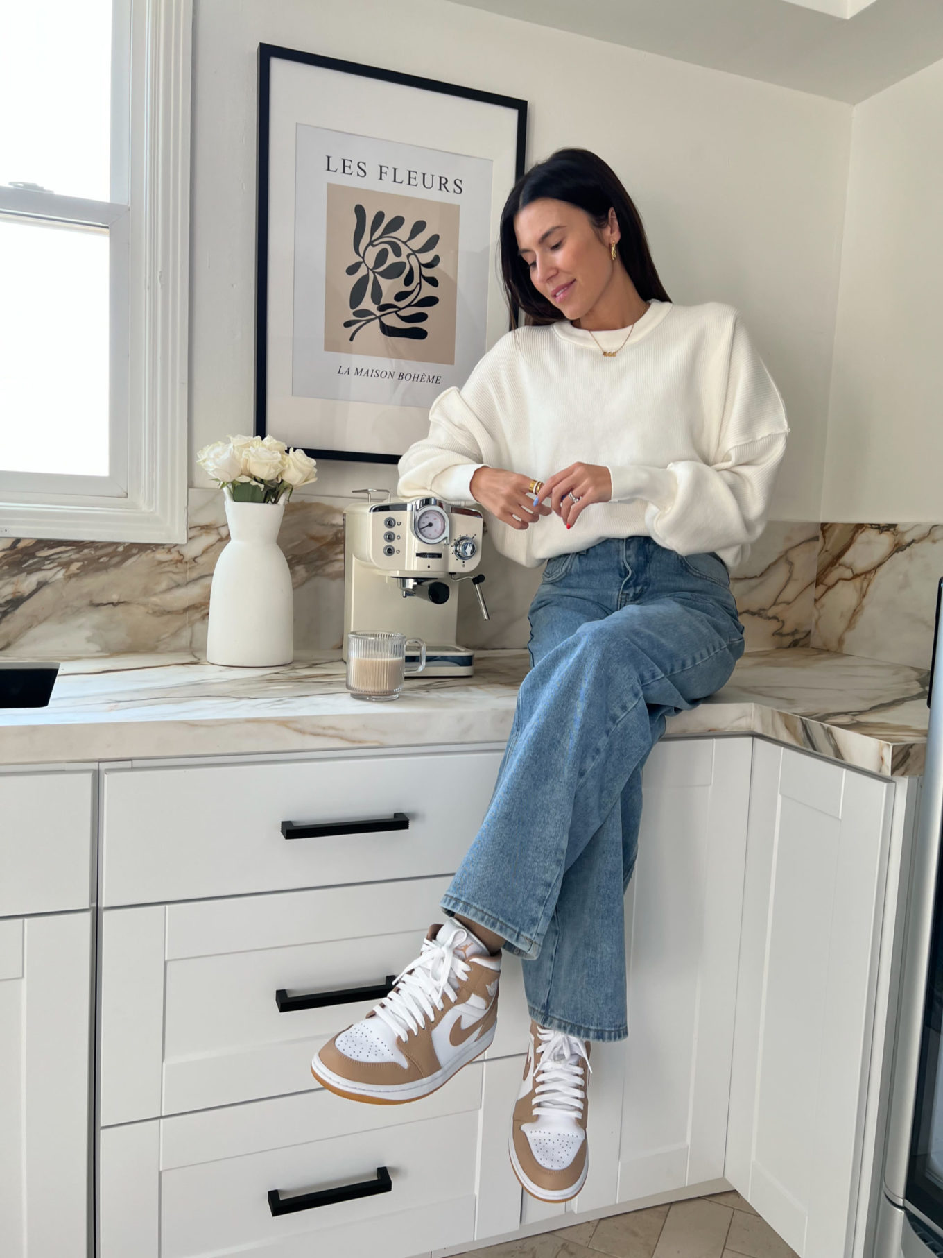 amazon home, espresso machine, les fleurs printer, glass coffee mugs, white sweater, denim jeans, brown leather shoes, gold jewelry