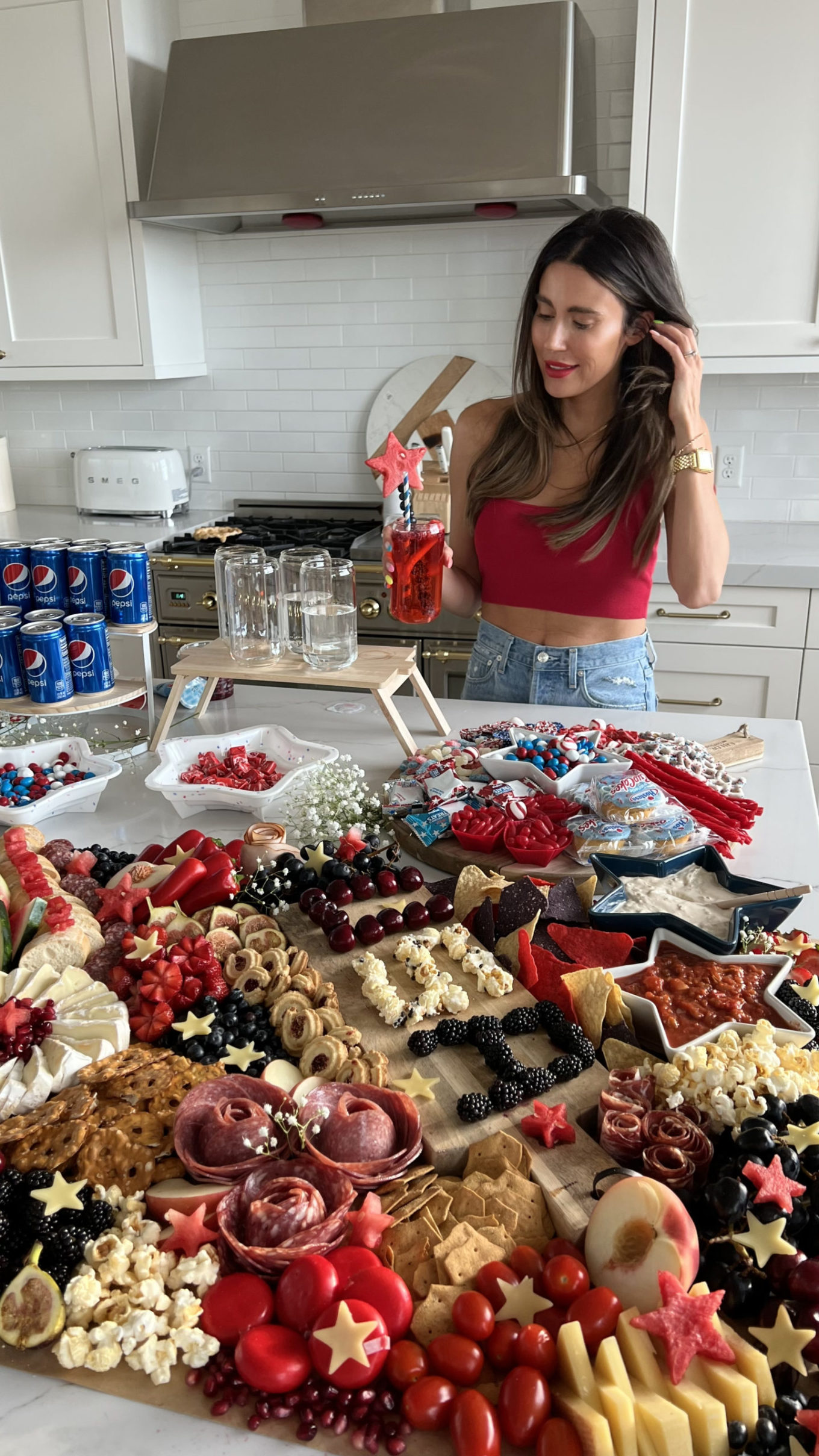 Fourth of July, 5 party hacks, party, festive fruit, color coordinated fruit, charcuterie spread, party spread, charcuterie board, Sams club, 4th of July, 4th of July charcuterie board