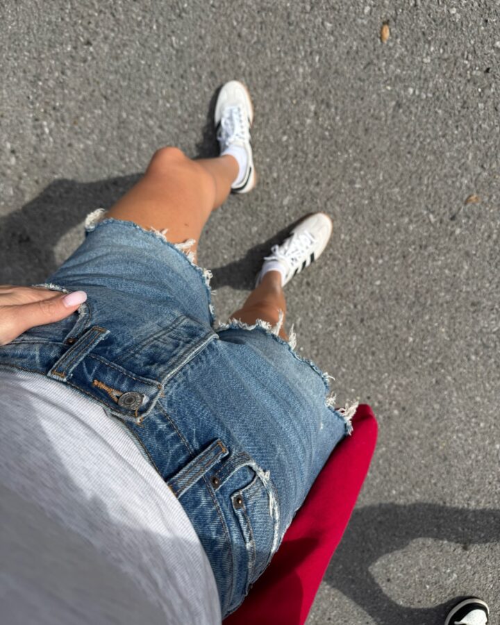 Christine Andrew in Abercrombie jean shorts on sale
