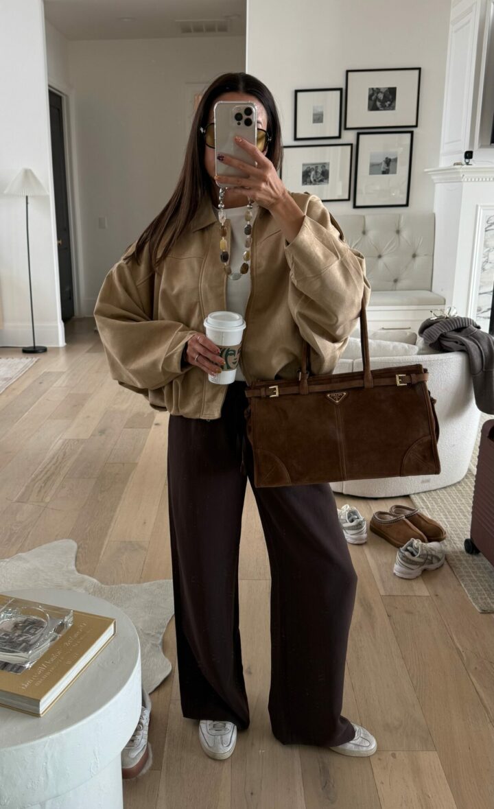 Christine Andrew in a fall outfit amazon jacket and aritzia pants