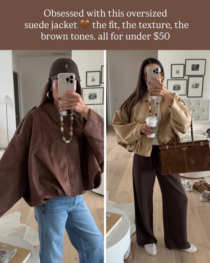 christine andrew in brown suede jacket from amazon