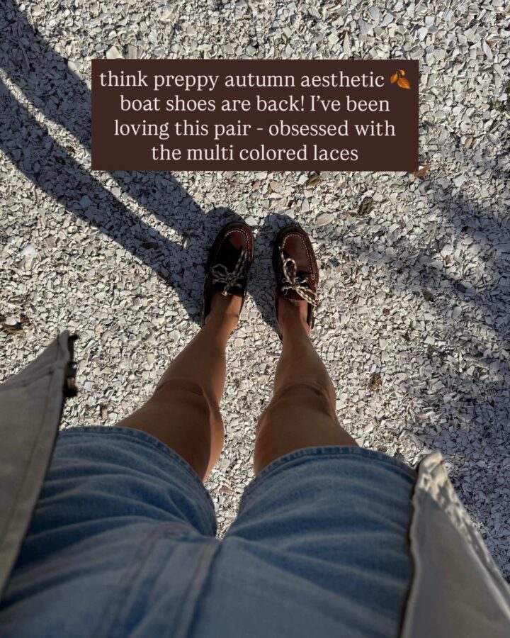 christine andrew in brown boat shoes for fall