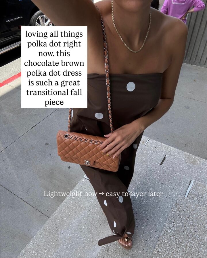 christine andrew in a brown polka dot dress from amazon